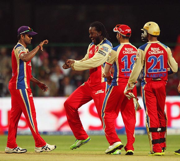 Chris Gayle celebrates taking a wicket with his Royal Challengers Bangalore team mates