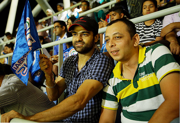 Marathi actor Piyush Ranade(left) with his friend during the match at the Wankhede on Monday