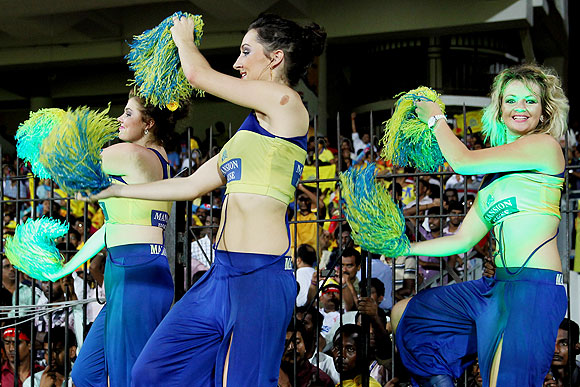 Chennai Super Kings' cheerleaders dance during the match on Tuesday