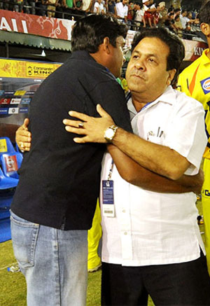 Chennai Super Kings CEO Gurunath Meiyappan (left) hugs IPL chairman Rajeev Shukla