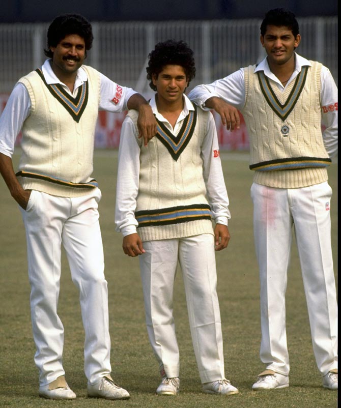 (Left to right): Kapil Dev, Sachin Tendulkar and Mohammad Azharuddin