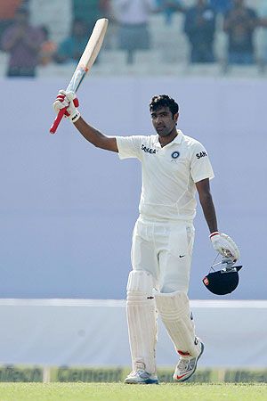 R Ashwin celebrates his century against West Indies on Friday