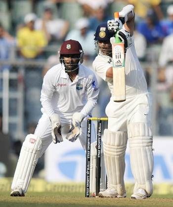 Sachin Tendulkar during his knock on Day 1 of the second Test against the West Indies at the Wankhede stadium