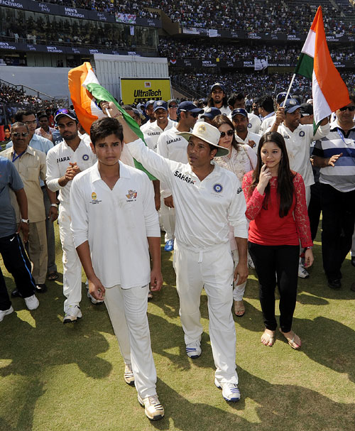 Sachin Tendulkar of India bids farewell at the end of his career on day three