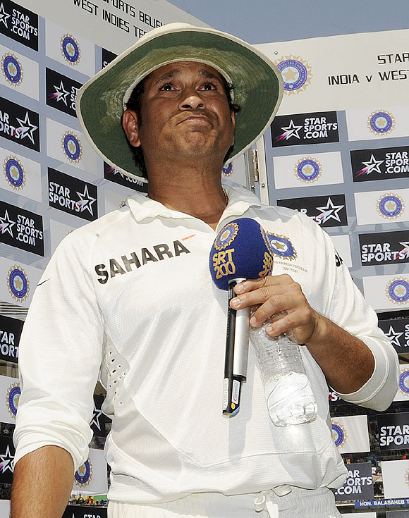 Sachin Tendulkar of India turns emotional while addressing the crowd as he bids farewell at the end of his career on day three of the second Test match between India and The West Indies held at The Wankhede Stadium in Mumbai on Saturday