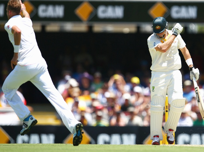 Shane Watson of Australia looks dejected after being dismissed by Stuart Broad