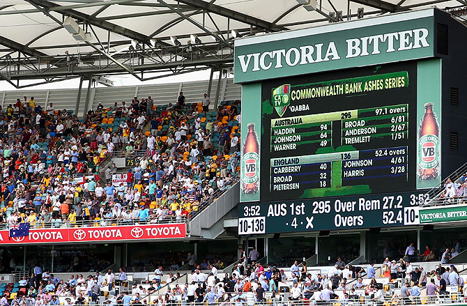 A general view of the scoreboard after Australia bowled England out for 136 in their first innings during day two of the First Ashes Test at The Gabba in Brisbane on Friday