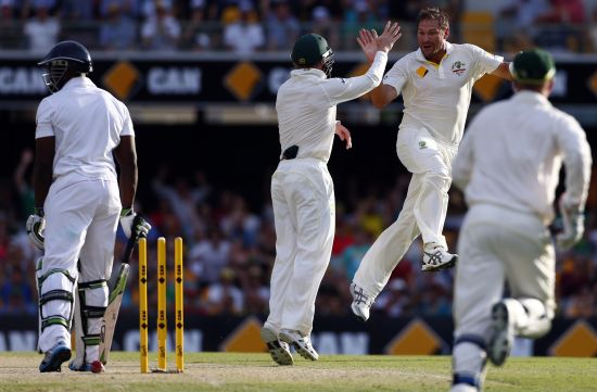 Ryan Harris celebrates after dismissing Micahel Carberry