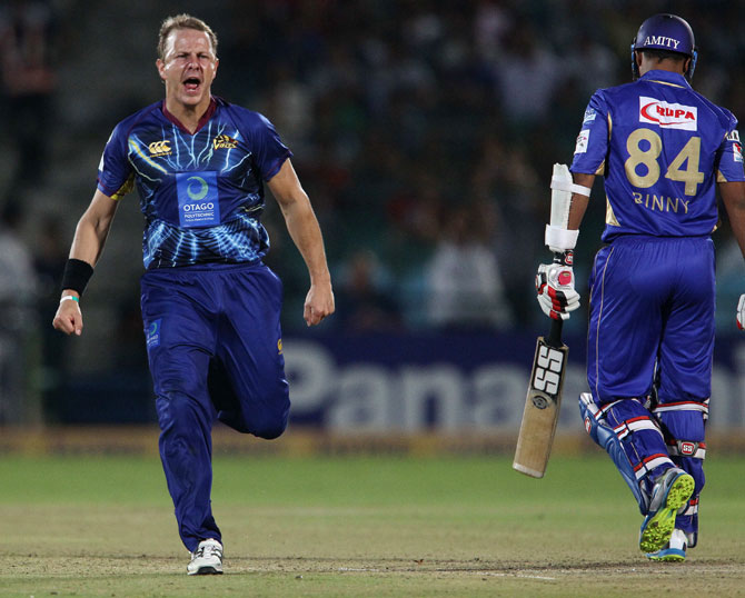 Neil Wagner of Otago Volts celebrates the wicket of Stuart Binny of Rajasthan Royals