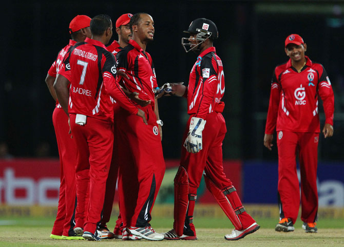 Lendl Simmons of Trinidad and Tobago celebrates the wicket of Murali Vijay of Chennai Super Kings 