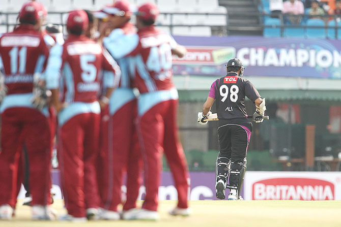 Ali Waqas of the Faisalabad Wolves walks back to the dug out after being dismissed by Nuwan Kulasekara on Friday