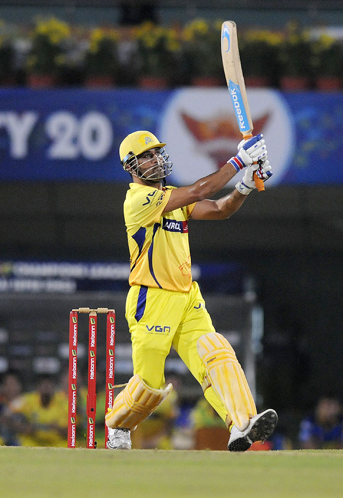 Mahendra Singh Dhoni hits a six against Sunrisers Hyderabad on Thursday