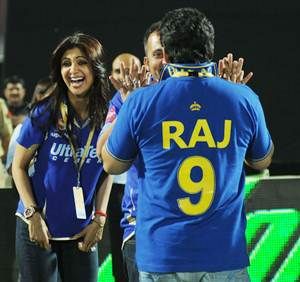 Rajasthan Royals owners Shilpa Shetty and Raj Kundra during an IPL-7 match