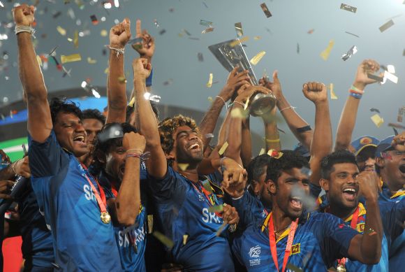 Sri Lanka captain Lasith Malinga lifts the trophy after winning the ICC World Twenty20 final.