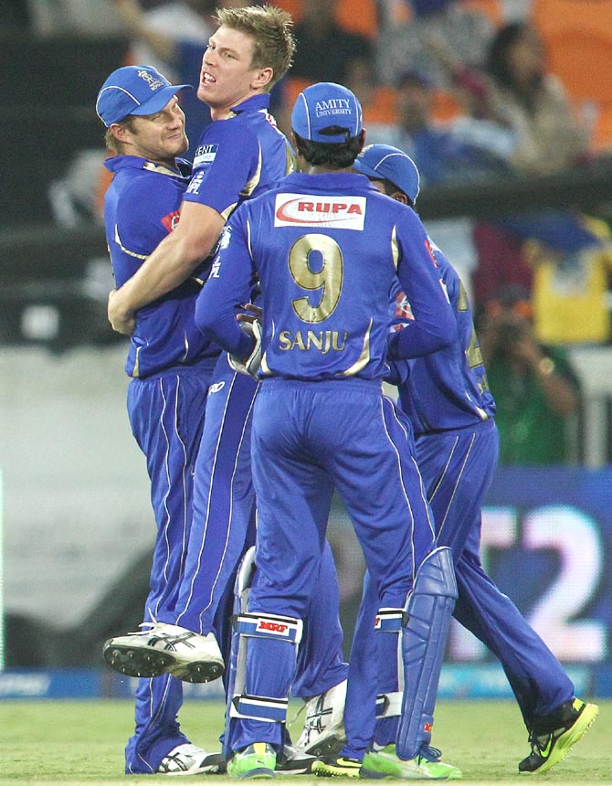Rajasthan Royals players celebrate the fall of a wicket during the last IPL season