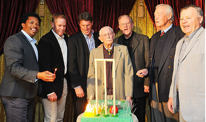 Norman Gordon with Makhaya Ntini, Shaun Pollock, Fanie de Villiers, Peter Pollock, Neil Adcock and Mike Procter during the 100th birthday celebrations in Johannesburg in 2011