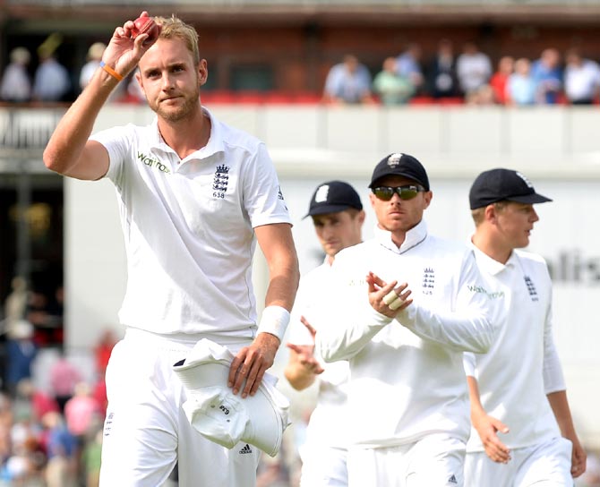 Stuart Broad of England salutes the crowd after taking six wickets