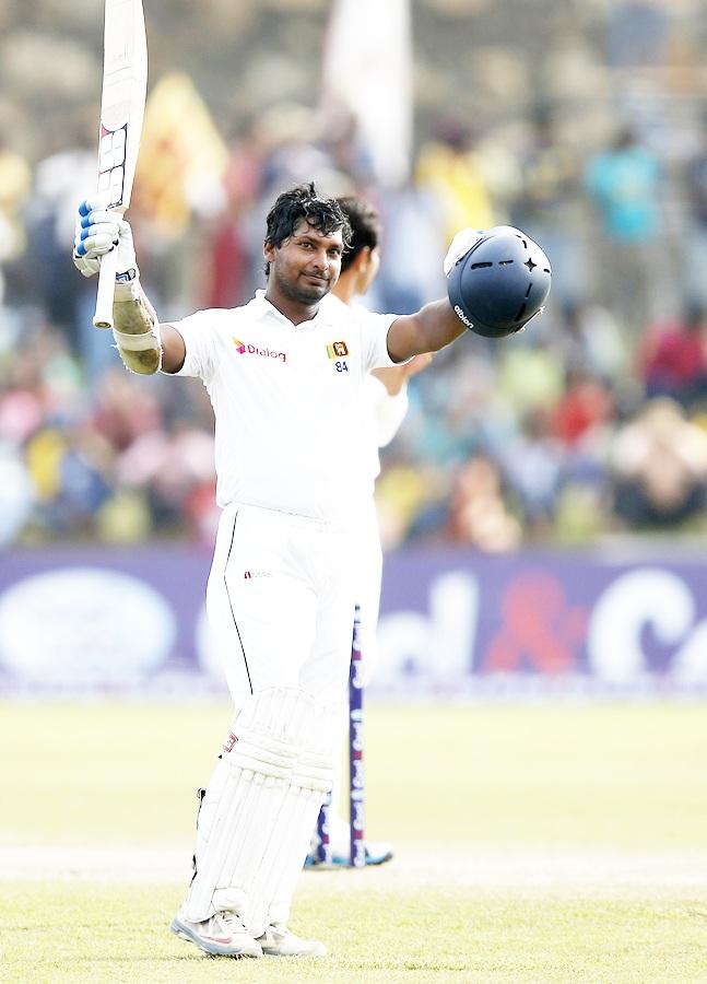 Sri Lanka's Kumar Sangakkara celebrates his double century