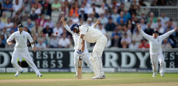 Pankaj Singh of India is bowled by Chris Jordan of England during day three of 4th Investec Test match 