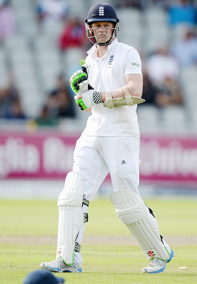 Sam Robson of England leaves the field after being dismissed by Bhuvneshwar Kumar during Day 1 of the fourth Test