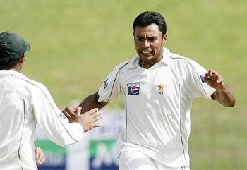 Pakistan's Danish Kaneria celebrates a dismissal during a Test match in Colombo on July 23, 2009