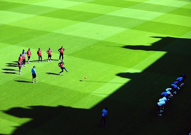 The Indian team plays football during a nets session at the Oval in London on Wednesday