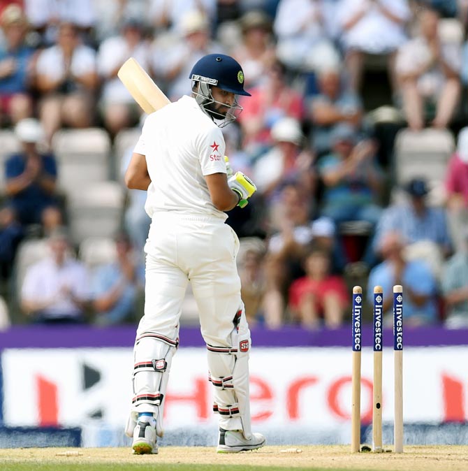 Ravindra Jadeja reacts after his dismissal during the third Test in Southampton