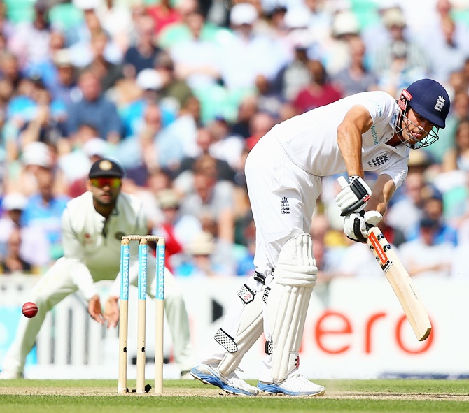 Aastair Cook of England hits out during day two of the 5th Investec Test match between England and India