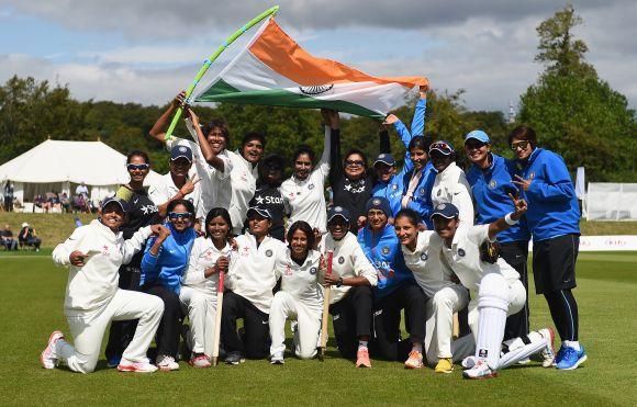 The India team celebrate their victory during Day Four of the Womens Test match between England and India at Wormsley Cricket Ground 