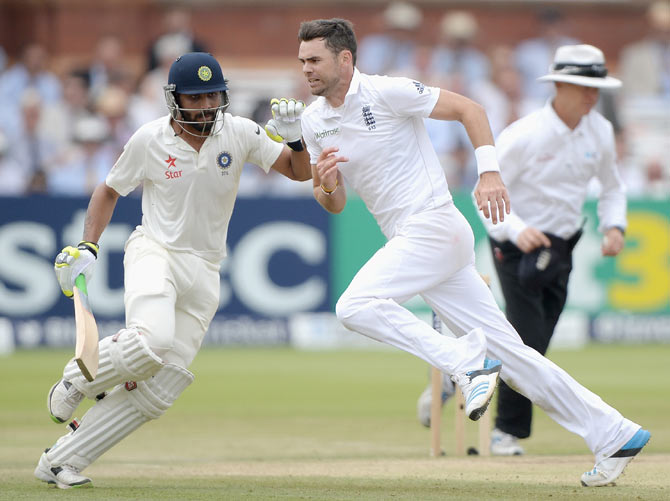 James Anderson of England and Ravindra Jadeja of India during the second Test at Lord's