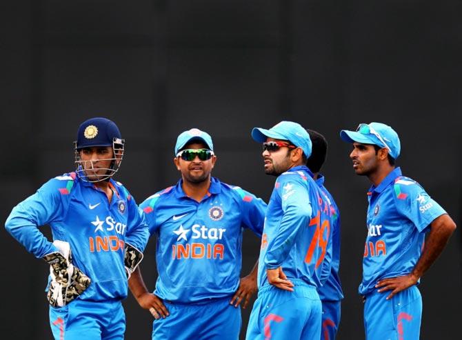 (From left to right): Mahendra Singh Dhoni, Suresh Raina, Virat Kohli and Bhuvneshwar Kumar of India