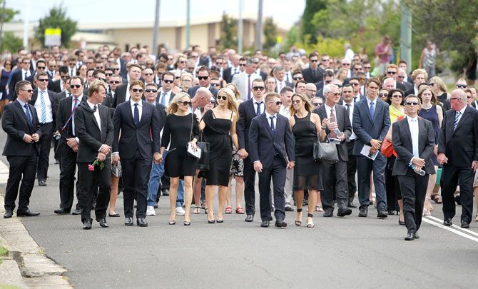 Former and current Australian cricketers at the funeral service for Phillip Hughes