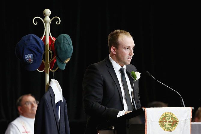 Jason Hughes, brother of Phillip Hughes gives a eulogy during the funeral service for Phillip Hughes