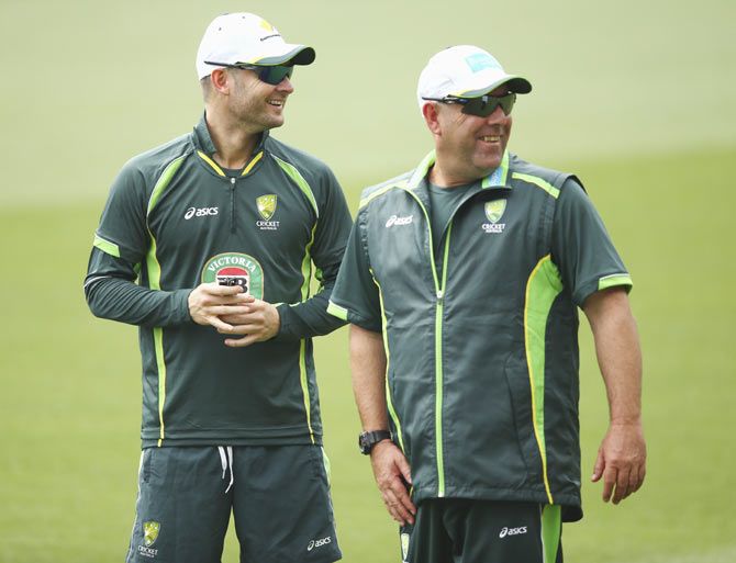 Australia captain Michael Clarke with coach Darren Lehmann during an Australian nets session at Adelaide Oval on Monday