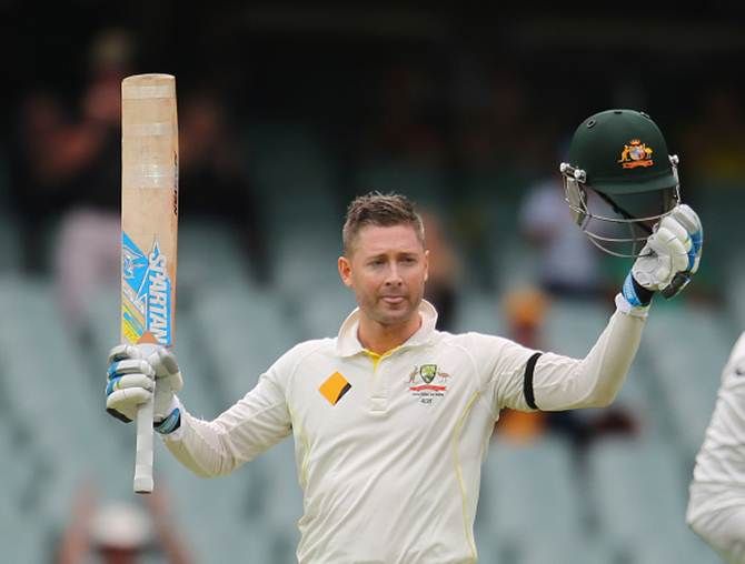 Michael Clarke celebrates after getting to his hundred