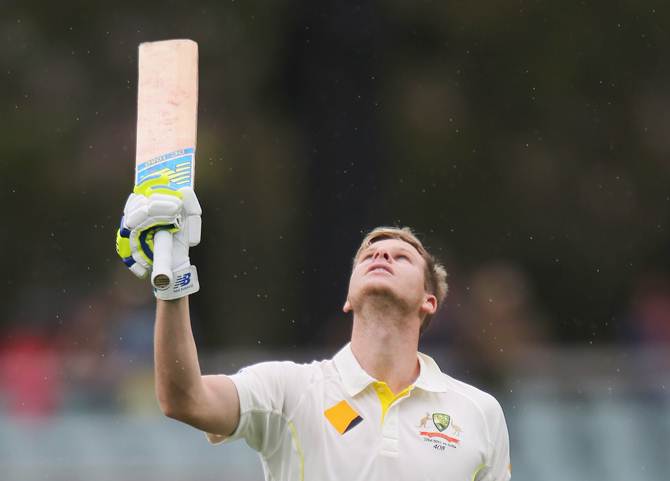Steven Smith celebrates his century and pays tribute to the late Phillip Hughes 