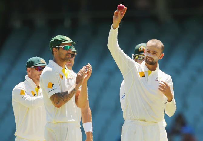 Nathan Lyon of Australia celebrates after completing his five-wicket haul