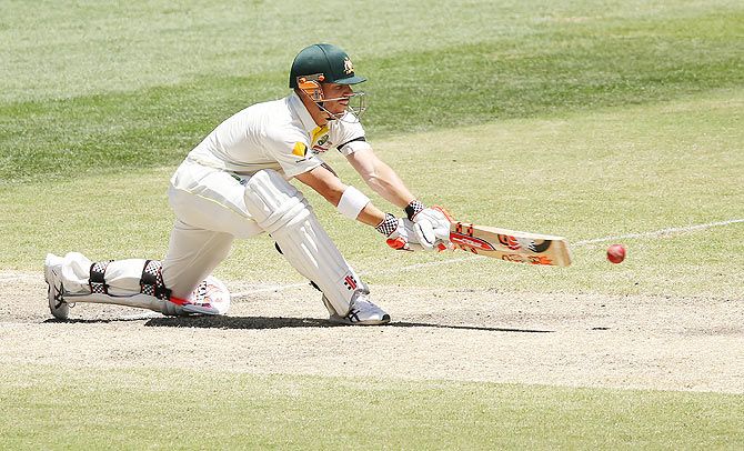 David Warner of Australia bats on Day 4 of the first Test between Australia and India at the Adelaide Oval on Friday