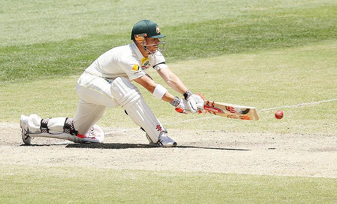 David Warner bats during Day 4 in the first Test between Australia and India at the Adelaide Oval