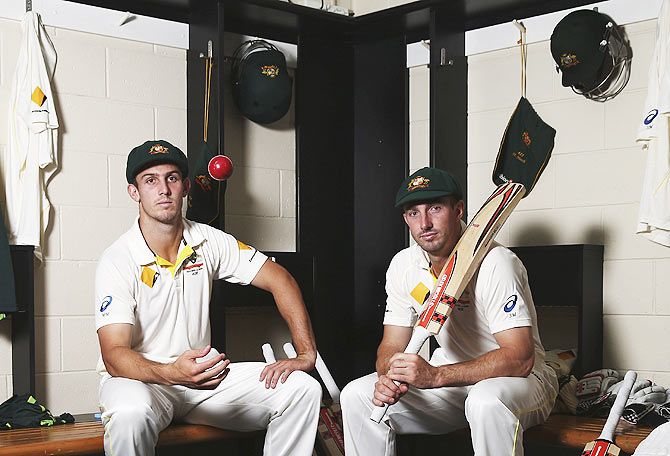 Australia's Mitch March and Shaun Marsh pose during a portrait session at The Gabba on Tuesday