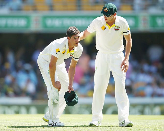 Peter Siddle of Australia checks on teammate Mitchell Starc of Australia on Day 1 of the 2nd Test match against India at The Gabba in Brisbane on Wednesday