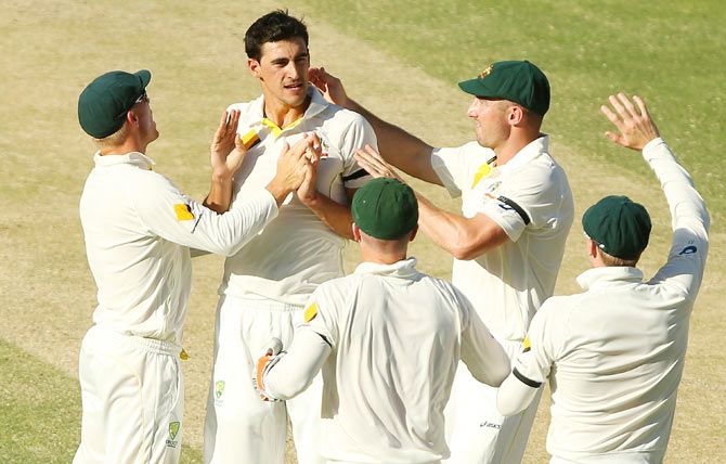 Mitchell Starc celebrates with teammates after dismissing Murali Vijay on Day 3 of the 2nd Test at The Gabba in Brisbane on Friday
