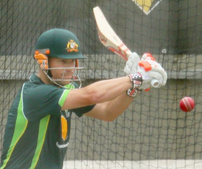 David Warner of Australia bats during an Australian nets session at Melbourne Cricket Ground