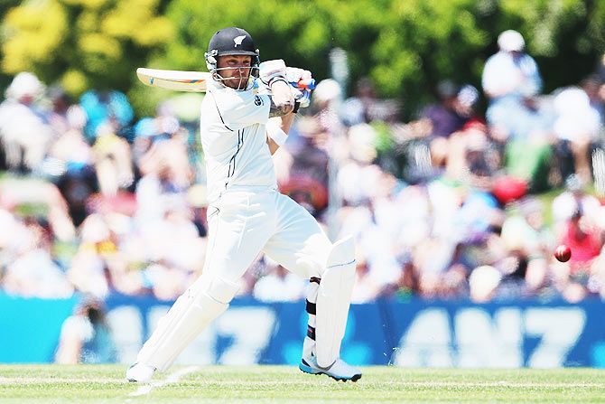 Brendon McCullum of New Zealand works the ball away for four runs during the Test match against Sri Lanka at Hagley Oval in Christchurch