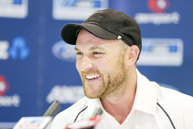 Brendon McCullum of New Zealand is all smiles as he speaks to the media on Monday
