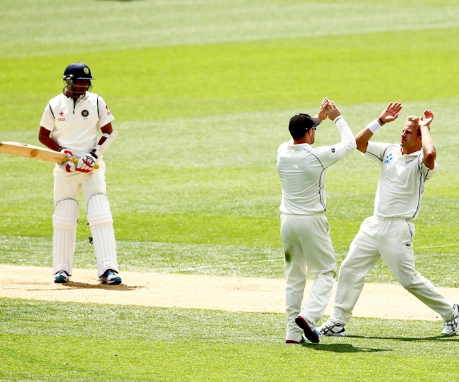 Neil Wagner celebrates Mohammed Shami's wicket.