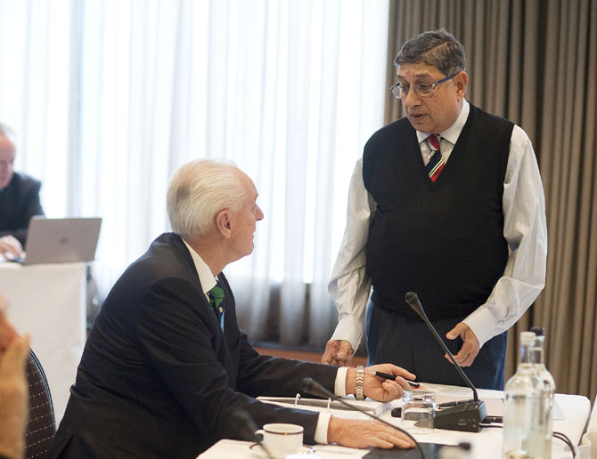 BCCI President N Srinivasan, right, with Cricket Australia Chairman Wally Edwards.