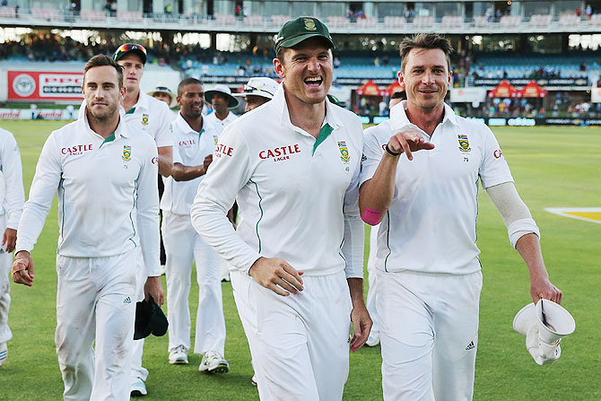Graeme Smith and Dale Steyn of South Africa celebrate after winning the second Test against Australia at St George's Cricket Stadium in Port Elizabeth