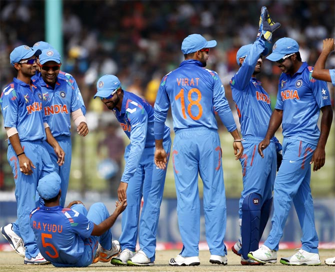 India's fielders celebrate the dismissal of Bangladesh's Shamsur Rahman (unseen)