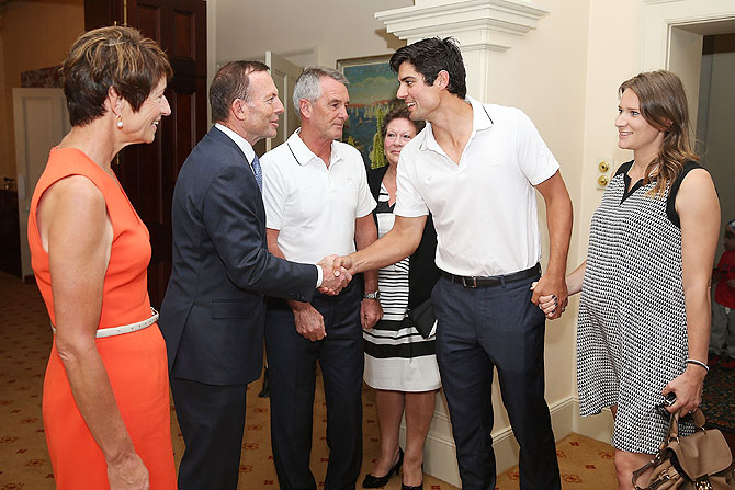 Australian Prime Minister Tony Abbott meets Alastair Cook of England on Wednesday